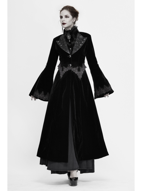Collar Applique Lace Ribbon Flare Sleeve Back Waist Lace-Up Black Gothic Weft Velveteen Coat