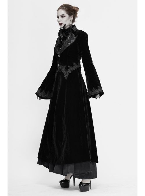 Collar Applique Lace Ribbon Flare Sleeve Back Waist Lace-Up Black Gothic Weft Velveteen Coat