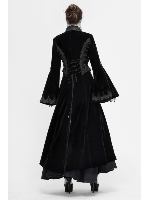 Collar Applique Lace Ribbon Flare Sleeve Back Waist Lace-Up Black Gothic Weft Velveteen Coat