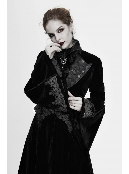 Collar Applique Lace Ribbon Flare Sleeve Back Waist Lace-Up Black Gothic Weft Velveteen Coat
