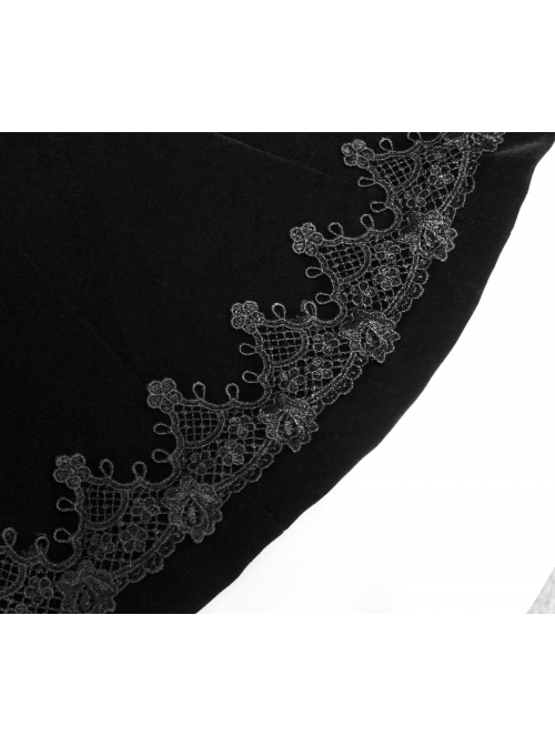 Collar Applique Lace Ribbon Flare Sleeve Back Waist Lace-Up Black Gothic Weft Velveteen Coat