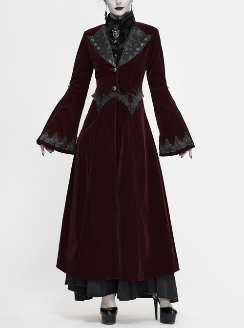 Collar Applique Lace Ribbon Flare Sleeve Back Waist Lace-Up Wine Red Gothic Weft Velveteen Coat