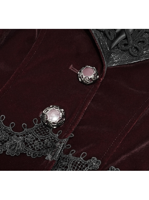 Collar Applique Lace Ribbon Flare Sleeve Back Waist Lace-Up Wine Red Gothic Weft Velveteen Coat