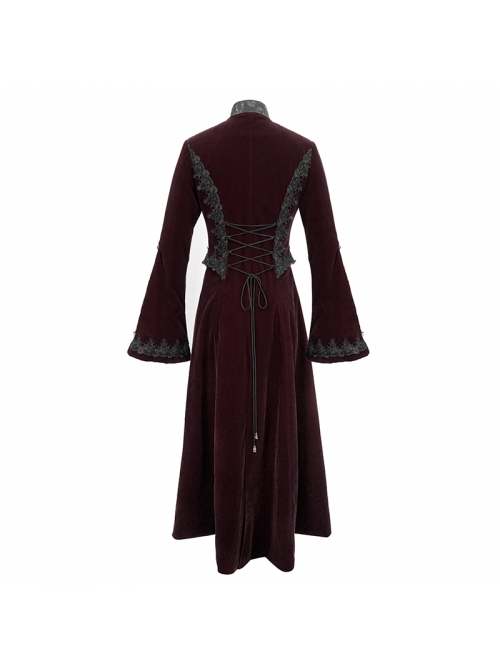 Collar Applique Lace Ribbon Flare Sleeve Back Waist Lace-Up Wine Red Gothic Weft Velveteen Coat