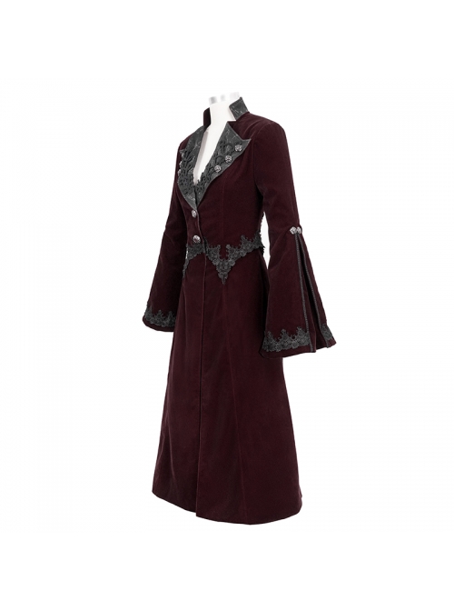 Collar Applique Lace Ribbon Flare Sleeve Back Waist Lace-Up Wine Red Gothic Weft Velveteen Coat