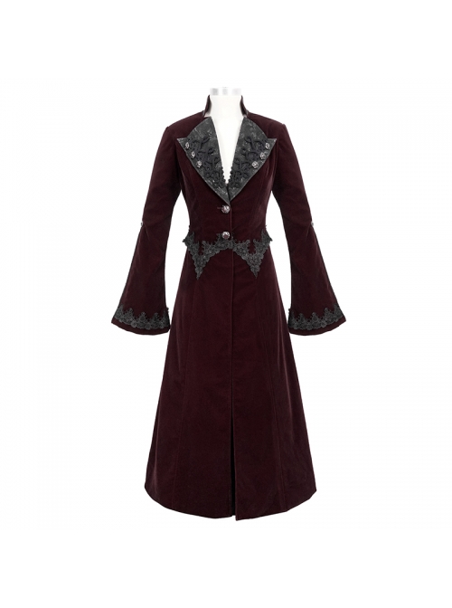 Collar Applique Lace Ribbon Flare Sleeve Back Waist Lace-Up Wine Red Gothic Weft Velveteen Coat