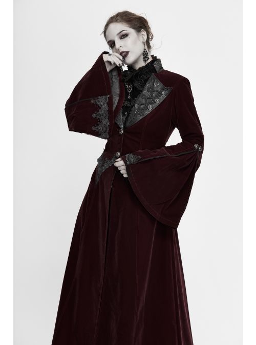 Collar Applique Lace Ribbon Flare Sleeve Back Waist Lace-Up Wine Red Gothic Weft Velveteen Coat