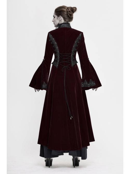 Collar Applique Lace Ribbon Flare Sleeve Back Waist Lace-Up Wine Red Gothic Weft Velveteen Coat