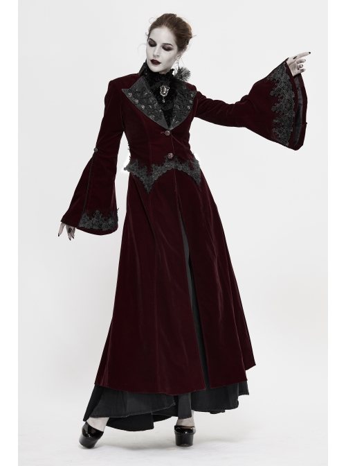 Collar Applique Lace Ribbon Flare Sleeve Back Waist Lace-Up Wine Red Gothic Weft Velveteen Coat