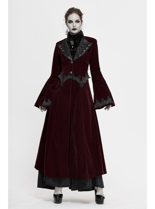 Collar Applique Lace Ribbon Flare Sleeve Back Waist Lace-Up Wine Red Gothic Weft Velveteen Coat