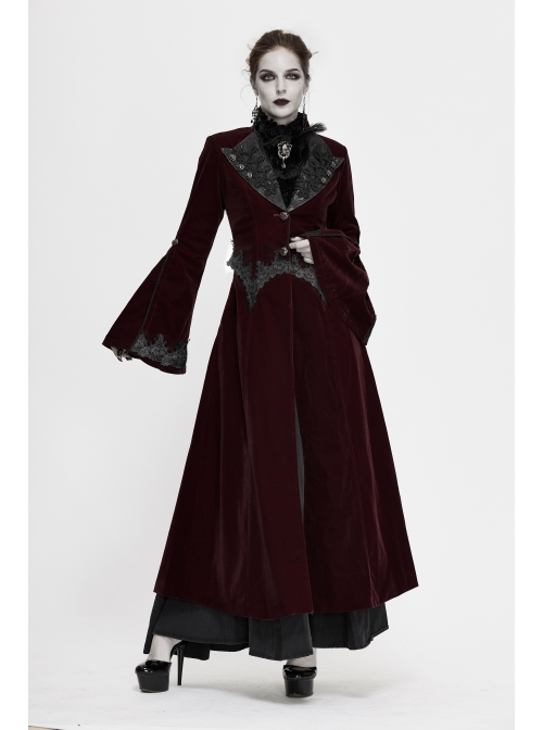 Collar Applique Lace Ribbon Flare Sleeve Back Waist Lace-Up Wine Red Gothic Weft Velveteen Coat