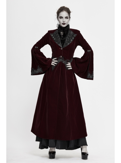 Collar Applique Lace Ribbon Flare Sleeve Back Waist Lace-Up Wine Red Gothic Weft Velveteen Coat