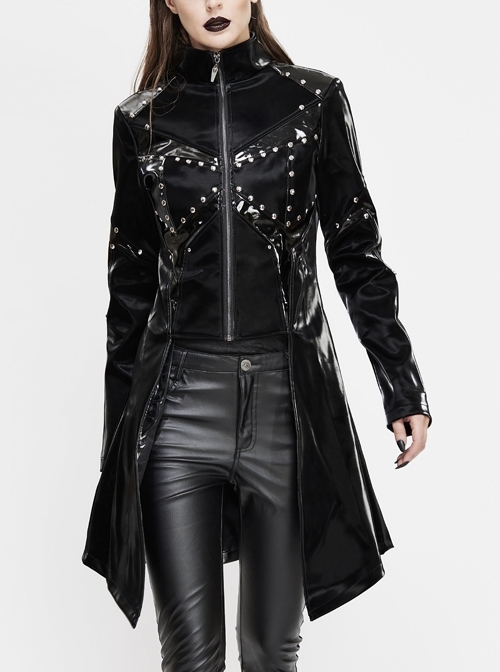 Stand-Up Collar Front Metal Rivet Decoration Long Sleeve Frill Hem Black Punk Leather Coat