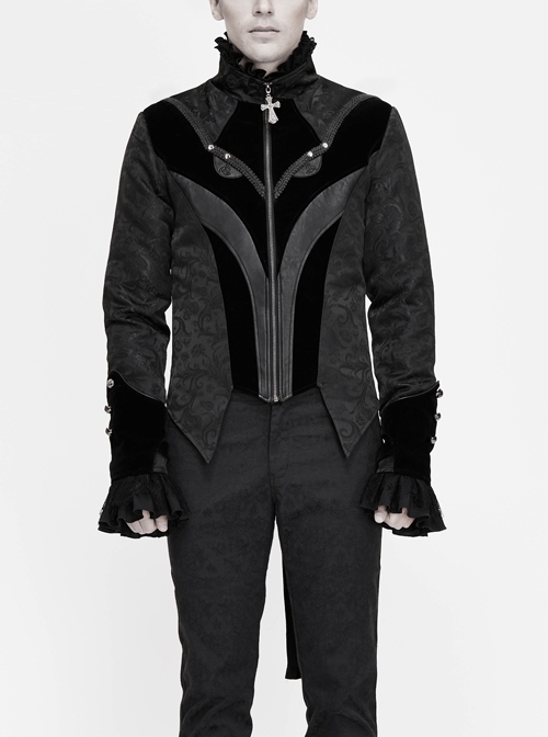 Stand-Up Collar Front Chest Embroidery Swallowtail Ham Black Gothic Jacquard Coat