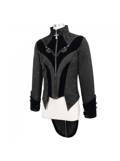 Stand-Up Collar Front Chest Embroidery Swallowtail Ham Black Gothic Jacquard Coat