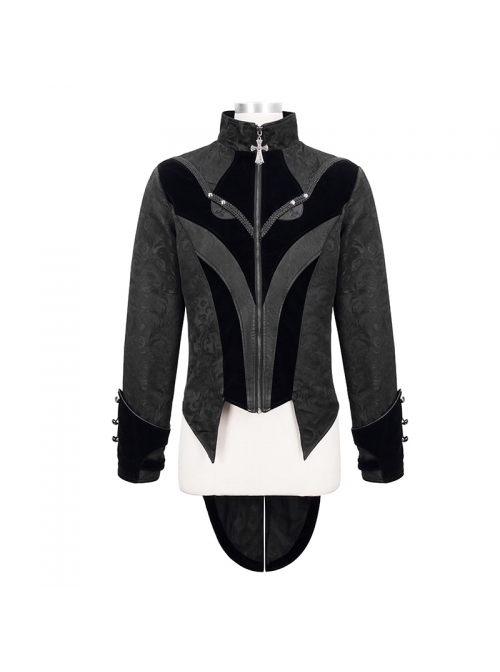Stand-Up Collar Front Chest Embroidery Swallowtail Ham Black Gothic Jacquard Coat