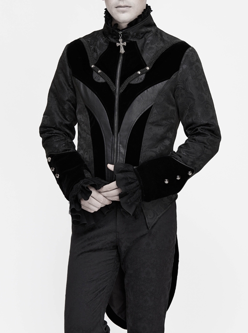 Stand-Up Collar Front Chest Embroidery Swallowtail Ham Black Gothic Jacquard Coat