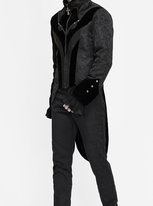 Stand-Up Collar Front Chest Embroidery Swallowtail Ham Black Gothic Jacquard Coat