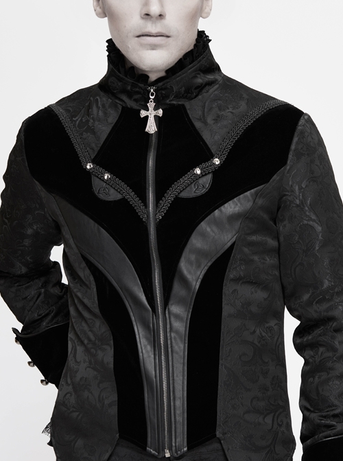 Stand-Up Collar Front Chest Embroidery Swallowtail Ham Black Gothic Jacquard Coat
