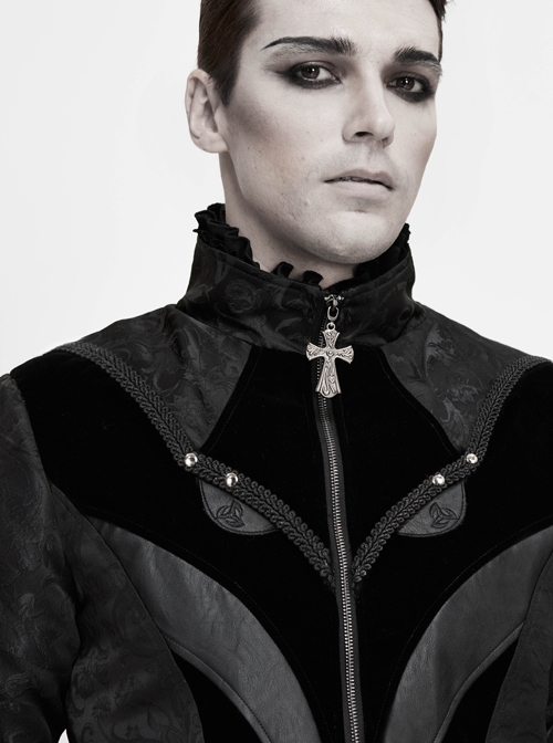 Stand-Up Collar Front Chest Embroidery Swallowtail Ham Black Gothic Jacquard Coat