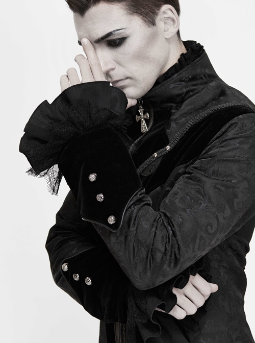 Stand-Up Collar Front Chest Embroidery Swallowtail Ham Black Gothic Jacquard Coat