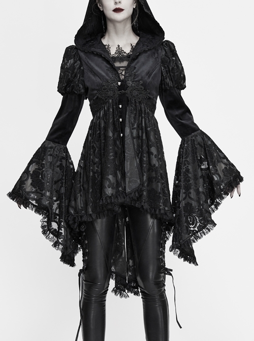 Front Chest Decals Metal Retro Button Lace Cuff Black Gothic Knit Velvet Hooded Coat