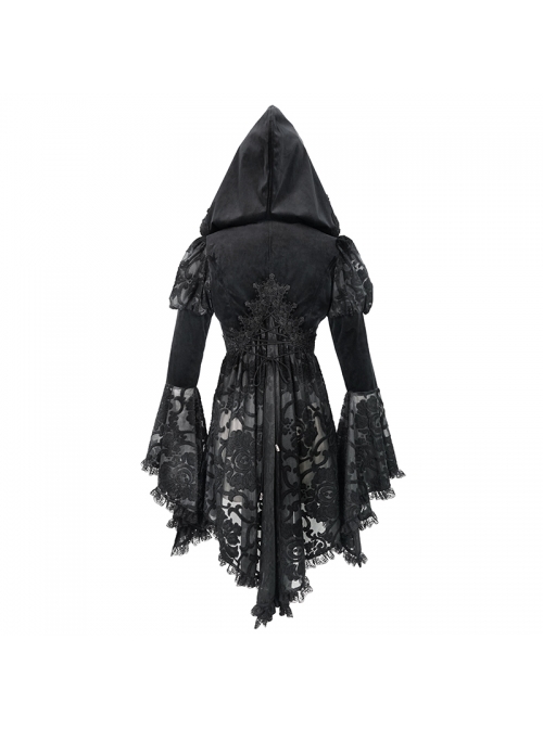Front Chest Decals Metal Retro Button Lace Cuff Black Gothic Knit Velvet Hooded Coat
