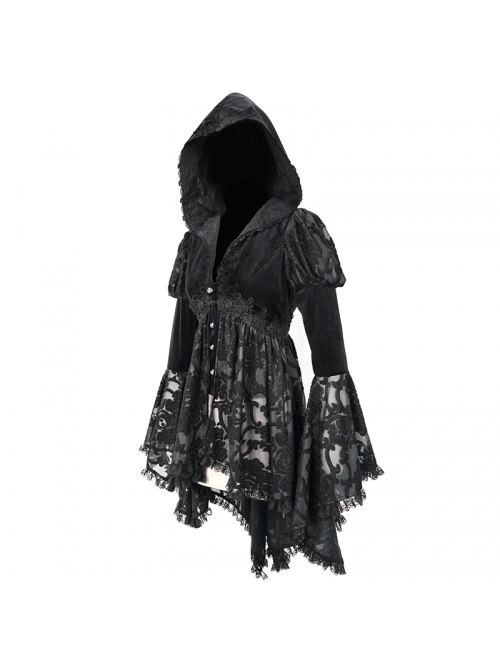 Front Chest Decals Metal Retro Button Lace Cuff Black Gothic Knit Velvet Hooded Coat