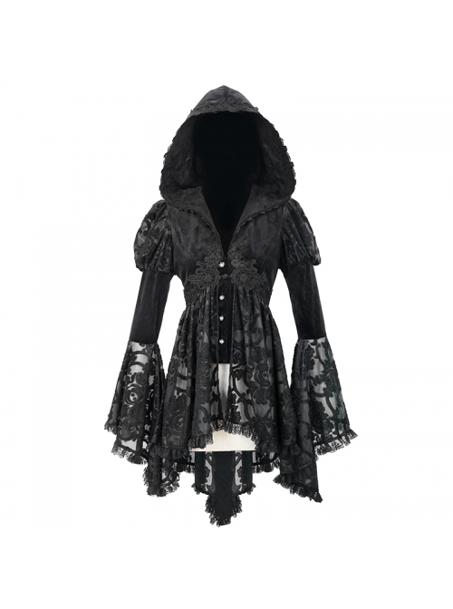 Front Chest Decals Metal Retro Button Lace Cuff Black Gothic Knit Velvet Hooded Coat