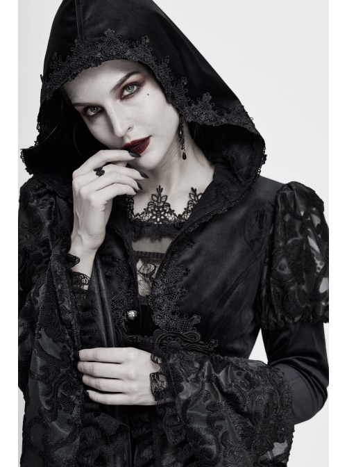 Front Chest Decals Metal Retro Button Lace Cuff Black Gothic Knit Velvet Hooded Coat