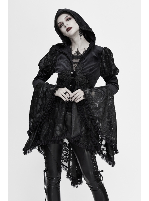 Front Chest Decals Metal Retro Button Lace Cuff Black Gothic Knit Velvet Hooded Coat