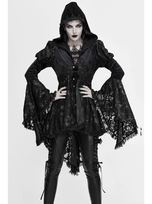 Front Chest Decals Metal Retro Button Lace Cuff Black Gothic Knit Velvet Hooded Coat