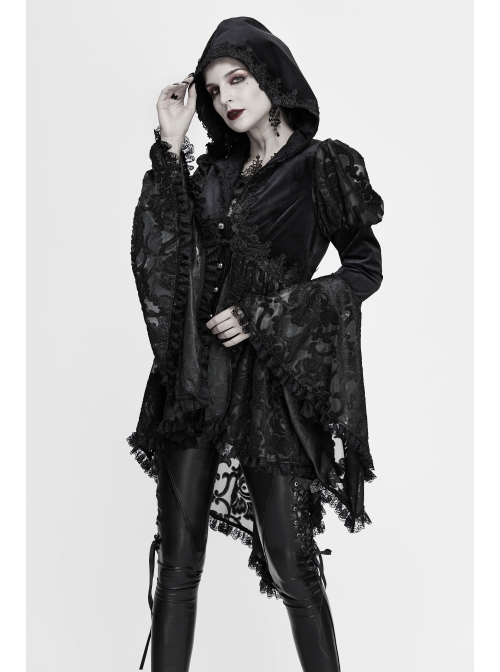 Front Chest Decals Metal Retro Button Lace Cuff Black Gothic Knit Velvet Hooded Coat