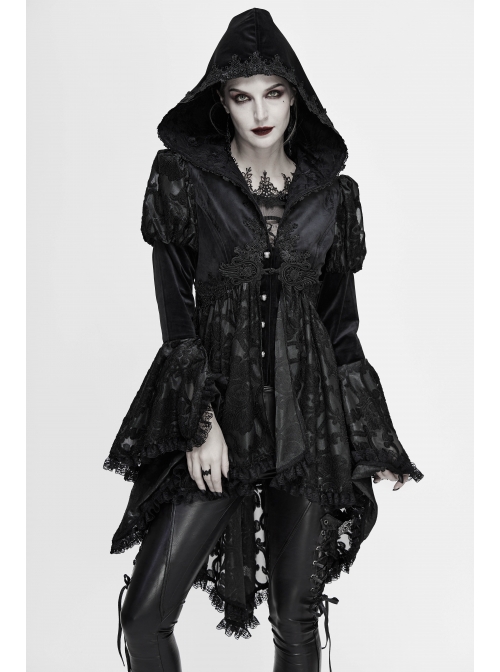 Front Chest Decals Metal Retro Button Lace Cuff Black Gothic Knit Velvet Hooded Coat