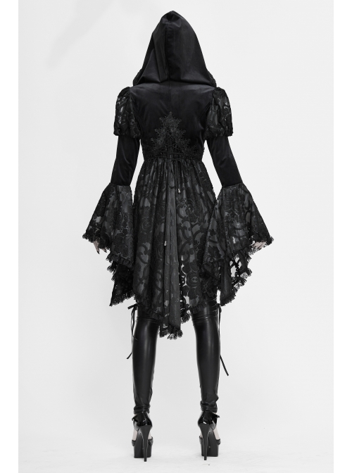 Front Chest Decals Metal Retro Button Lace Cuff Black Gothic Knit Velvet Hooded Coat