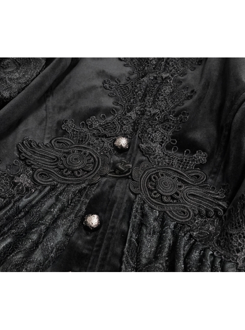 Front Chest Decals Metal Retro Button Lace Cuff Black Gothic Knit Velvet Hooded Coat