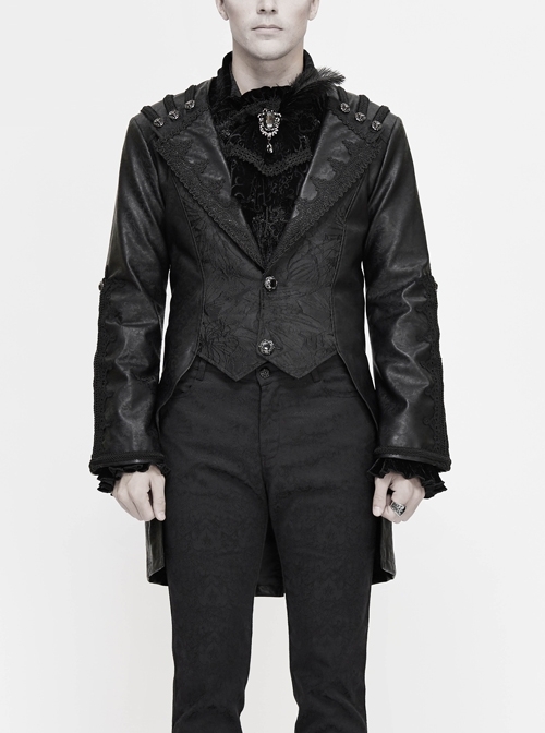 Woven Ribbon Collar Metal Retro Button Flare Sleeve Black Gothic Leather Coat