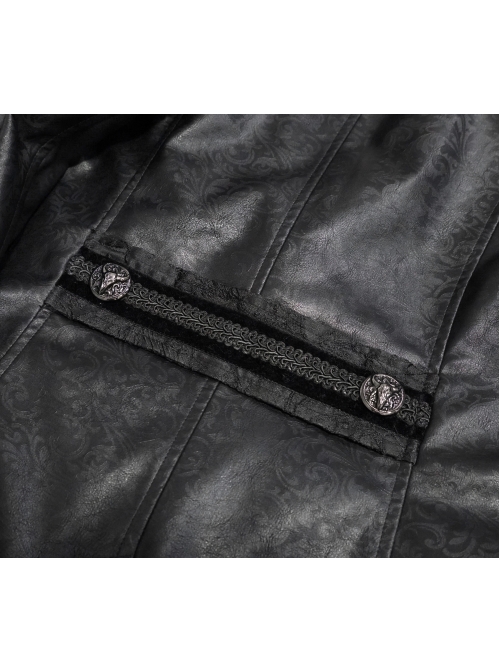 Woven Ribbon Collar Metal Retro Button Flare Sleeve Black Gothic Leather Coat