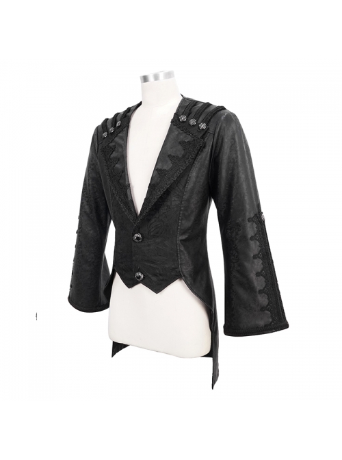 Woven Ribbon Collar Metal Retro Button Flare Sleeve Black Gothic Leather Coat
