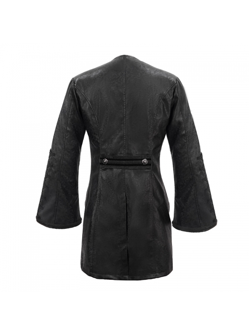 Woven Ribbon Collar Metal Retro Button Flare Sleeve Black Gothic Leather Coat