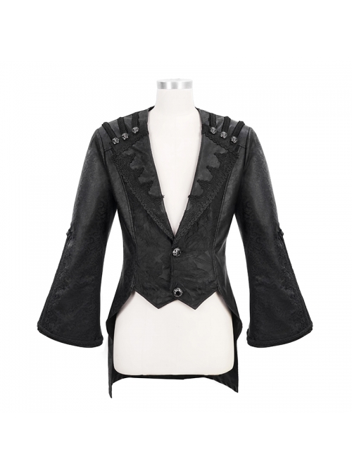 Woven Ribbon Collar Metal Retro Button Flare Sleeve Black Gothic Leather Coat