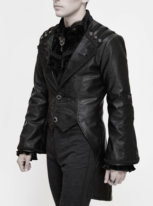 Woven Ribbon Collar Metal Retro Button Flare Sleeve Black Gothic Leather Coat