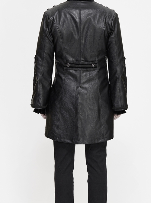 Woven Ribbon Collar Metal Retro Button Flare Sleeve Black Gothic Leather Coat