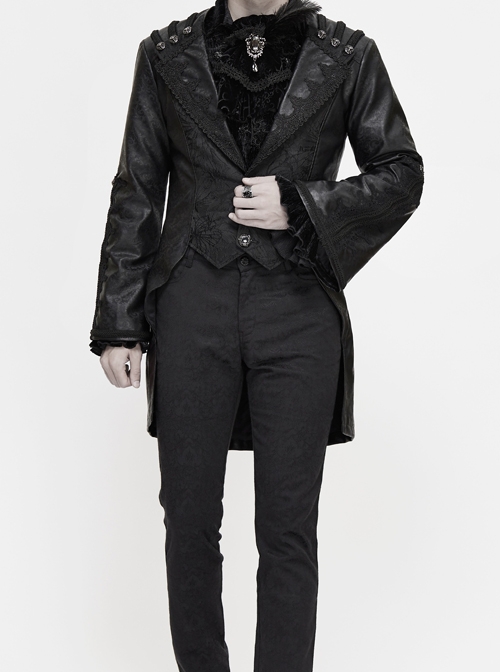 Woven Ribbon Collar Metal Retro Button Flare Sleeve Black Gothic Leather Coat