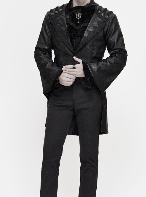 Woven Ribbon Collar Metal Retro Button Flare Sleeve Black Gothic Leather Coat