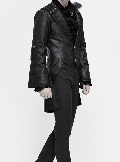 Woven Ribbon Collar Metal Retro Button Flare Sleeve Black Gothic Leather Coat