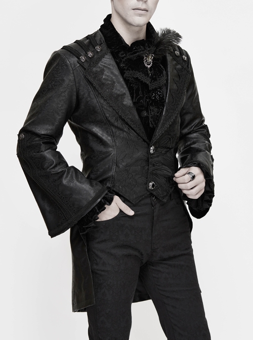 Woven Ribbon Collar Metal Retro Button Flare Sleeve Black Gothic Leather Coat