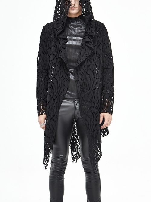 Black V-Neck Long Sleeve Sharp Corner Hem Punk Broken Holes Coat