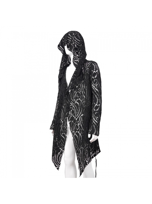 Black V-Neck Long Sleeve Sharp Corner Hem Punk Broken Holes Coat