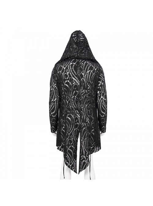 Black V-Neck Long Sleeve Sharp Corner Hem Punk Broken Holes Coat